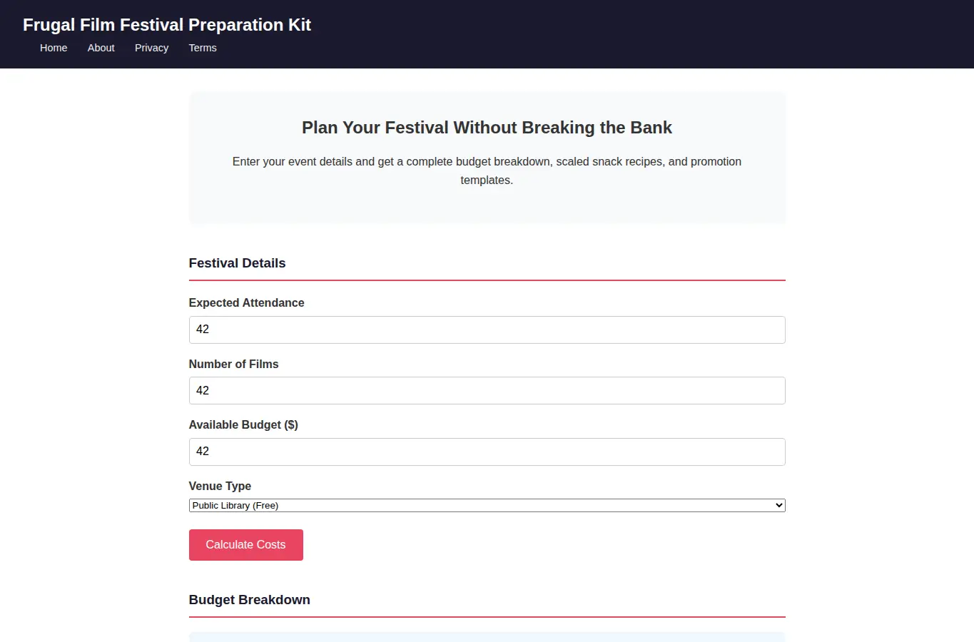 Screenshot of Frugal Film Festival Preparation Kit interface showing the project page in use